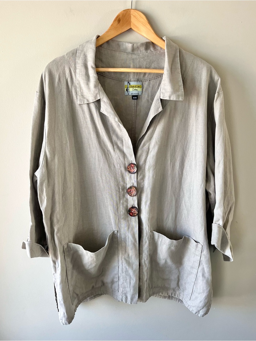 Shades of Linen Neutral Beige Linen Button Front Oversized Blazer Size Medium